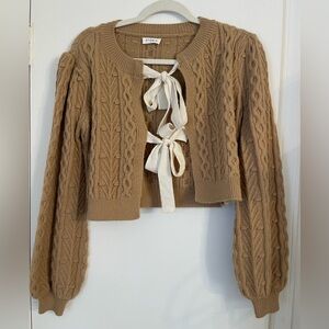 Storia Women's Brown Cropped Cable Knit Cardigan with Cream Bows